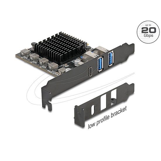 Delock PCI Express x4 kártya - 1 x USB 20 Gbps USB Type-C + 2 x USB 10 Gbps A-típusú - alacsony profilú formatényező