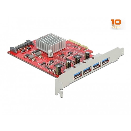 Delock PCI Express x4 Kártya - 4 x külső SuperSpeed USB 10 Gbps (USB 3.2 Gen 2) USB A-típusú hüvely (90481)