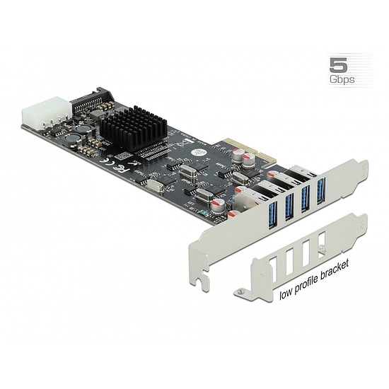 Delock PCI Express x4 Kártya - 4 x külső SuperSpeed USB (USB 3.2 Gen 1) USB A-típusú hüvely Quad Cha (89008)