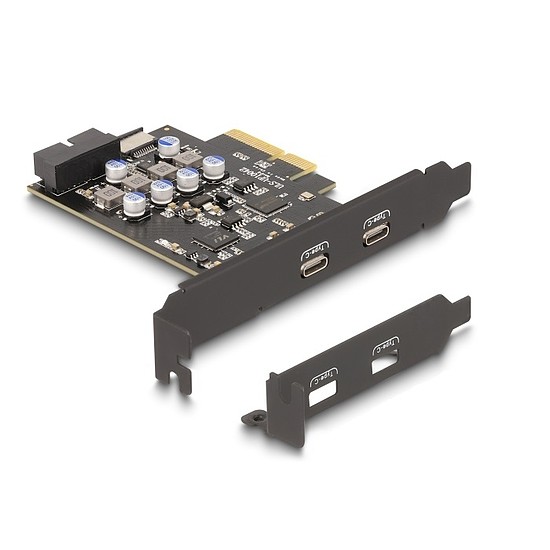 Delock PCI expressz x4 kártya - 2 x külső USB Type-C csatlakozó + 1 x belső USB 10 Gbps Type-E Key A and 1 x 19 pin USB pin header male - alacsony profilú formatényező