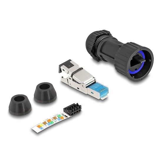Delock RJ45 apa összeállítás Cat.6A átvezető csatolóval IP68 por és vízhatlan fekete