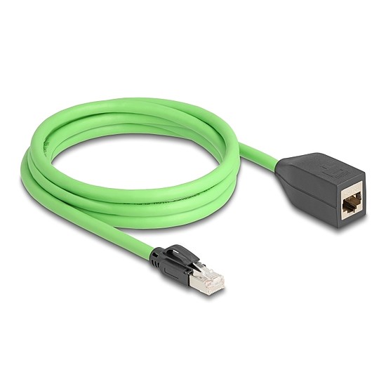 Delock RJ45 hálózat bővítő kábel Cat.6A apa - anya SF/UTP alkalmas kábelvezető láncokhoz PUR (TPU) 2 m zöld