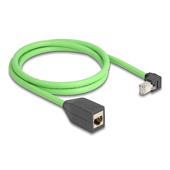 Delock RJ45 hálózat bővítő kábel Cat.6A apa lefelé néző csatlakozódugóval - anya SF/UTP alkalmas kábelvezető láncokhoz PUR (TPU) 1 m zöld