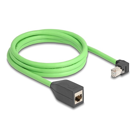 Delock RJ45 hálózat bővítő kábel Cat.6A apa lefelé néző csatlakozódugóval - anya SF/UTP alkalmas kábelvezető láncokhoz PUR (TPU) 2 m zöld