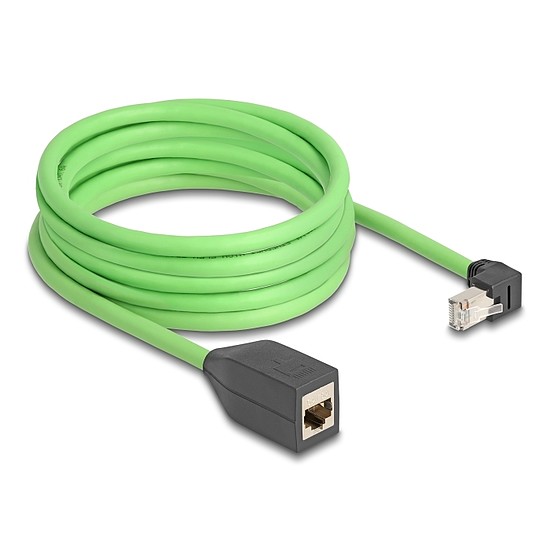 Delock RJ45 hálózat bővítő kábel Cat.6A apa lefelé néző csatlakozódugóval - anya SF/UTP alkalmas kábelvezető láncokhoz PUR (TPU) 5 m zöld