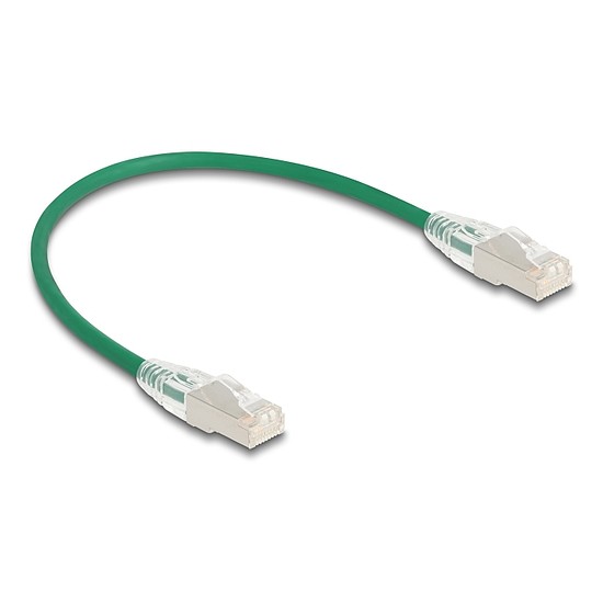 Delock RJ45 hálózati kábel Cable Cat.6A apa apa hajlított csatlakozóval U/FTP Slim 0,3 m, zöld