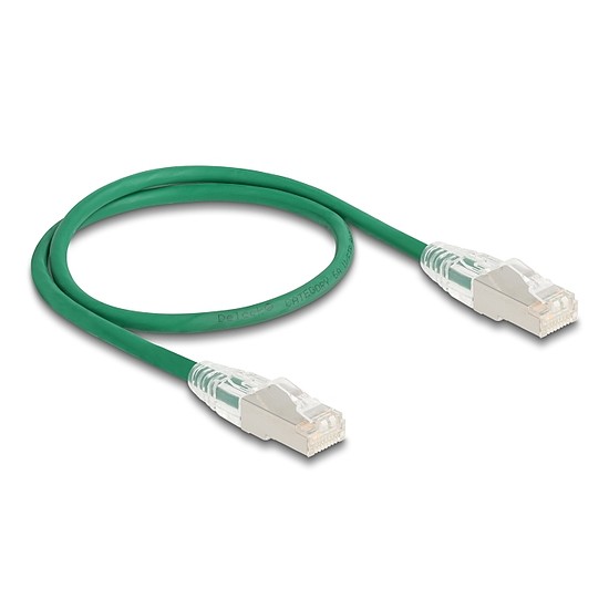 Delock RJ45 hálózati kábel Cable Cat.6A apa apa hajlított csatlakozóval U/FTP Slim 0,5 m, zöld