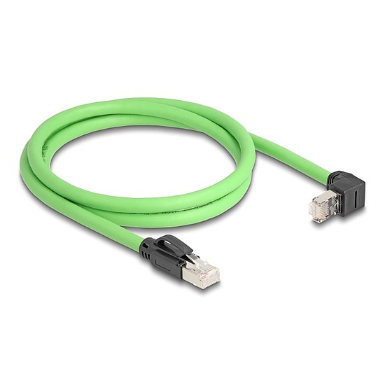 Delock RJ45 hálózati kábel Cat.6A apa - apa felfelé néző csatlakozódugóval SF/UTP alkalmas kábelvezető láncokhoz PUR (TPU) 1 m zöld