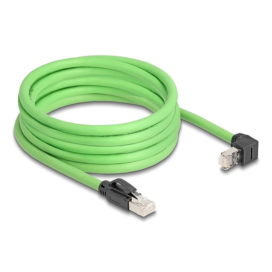 Delock RJ45 hálózati kábel Cat.6A apa - apa felfelé néző csatlakozódugóval SF/UTP alkalmas kábelvezető láncokhoz PUR (TPU) 5 m zöld