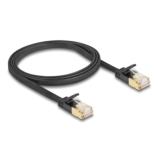 Delock RJ45 hálózati kábel Cat.6A apa - apa robosztus csatlakozóval és Cat.7 nyers lapos kábellel U/FTP 1 m, fekete
