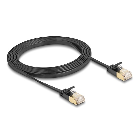 Delock RJ45 hálózati kábel Cat.6A apa - apa robosztus csatlakozóval és Cat.7 nyers lapos kábellel U/FTP 2 m, fekete