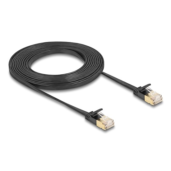 Delock RJ45 hálózati kábel Cat.6A apa - apa robosztus csatlakozóval és Cat.7 nyers lapos kábellel U/FTP 3 m, fekete