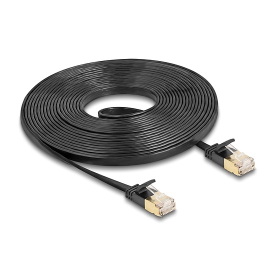 Delock RJ45 hálózati kábel Cat.6A apa - apa robosztus csatlakozóval és Cat.7 nyers lapos kábellel U/FTP 5 m, fekete