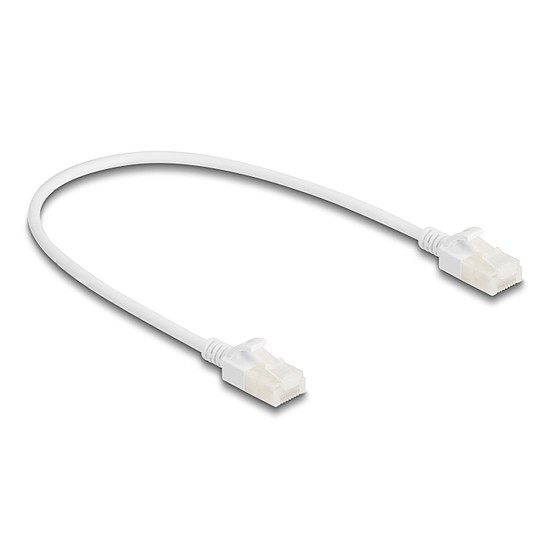 Delock RJ45 hálózati kábel Cat.6A apa apa robosztus csatlakozóval ipari felhasználásra U/UTP Slim 0,3 m, fehér