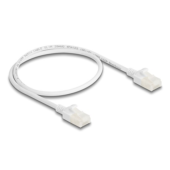 Delock RJ45 hálózati kábel Cat.6A apa apa robosztus csatlakozóval ipari felhasználásra U/UTP Slim 0,5 m, fehér