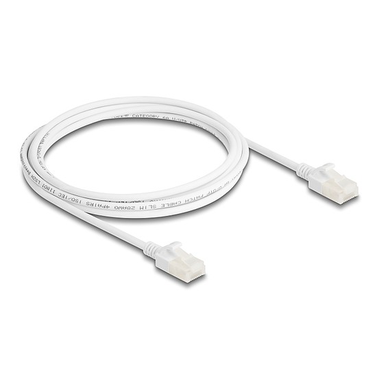 Delock RJ45 hálózati kábel Cat.6A apa apa robosztus csatlakozóval ipari felhasználásra U/UTP Slim 2 m, fehér