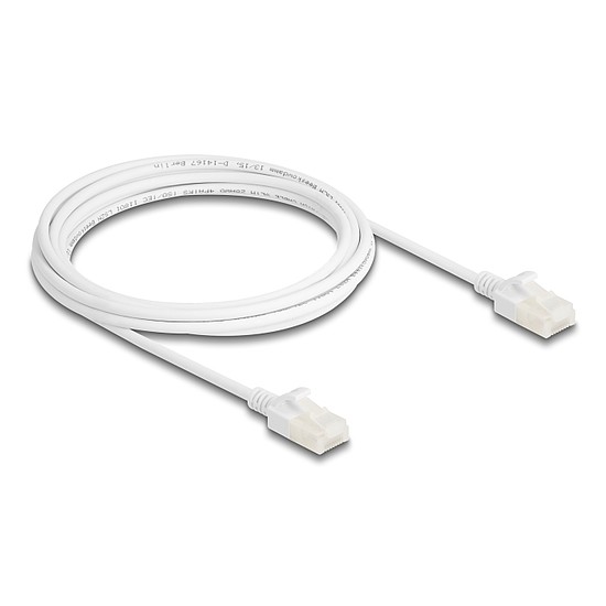 Delock RJ45 hálózati kábel Cat.6A apa apa robosztus csatlakozóval ipari felhasználásra U/UTP Slim 3 m, fehér