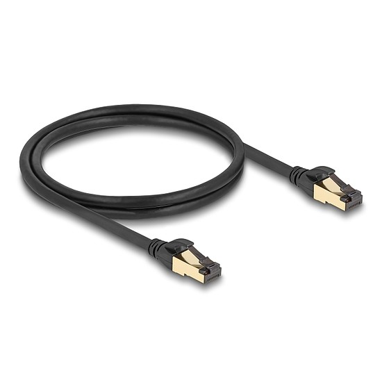 Delock RJ45 hálózati kábel Cat.6A apa - apa S/FTP fekete 1 m - Cat.7 nyers kábellel, mely alkalmas bel- és kültéri használatra
