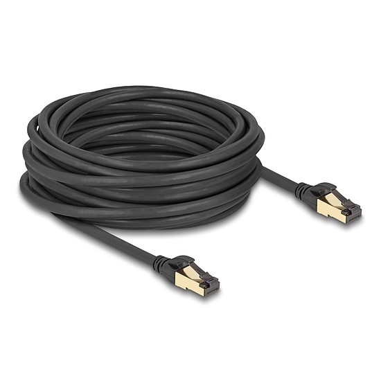 Delock RJ45 hálózati kábel Cat.6A apa - apa S/FTP fekete 10 m - Cat.7 nyers kábellel, mely alkalmas bel- és kültéri használatra