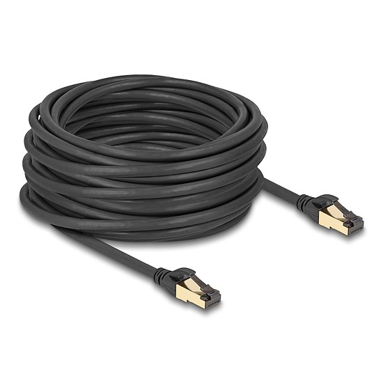 Delock RJ45 hálózati kábel Cat.6A apa - apa S/FTP fekete 15 m - Cat.7 nyers kábellel, mely alkalmas bel- és kültéri használatra