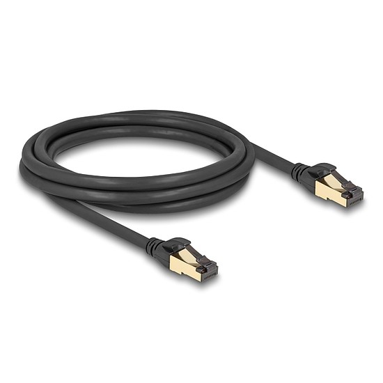 Delock RJ45 hálózati kábel Cat.6A apa - apa S/FTP fekete 2 m - Cat.7 nyers kábellel, mely alkalmas bel- és kültéri használatra