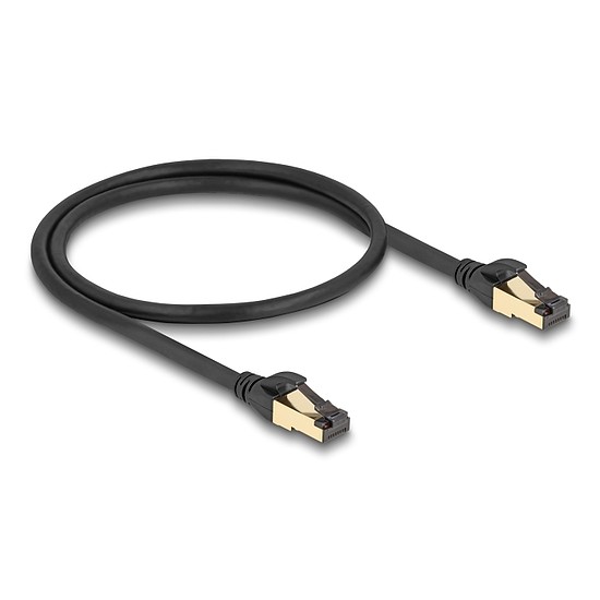 Delock RJ45 hálózati kábel Cat.6A apa - apa S/FTP fekete 50 cm - Cat.7 nyers kábellel, mely alkalmas bel- és kültéri használatra