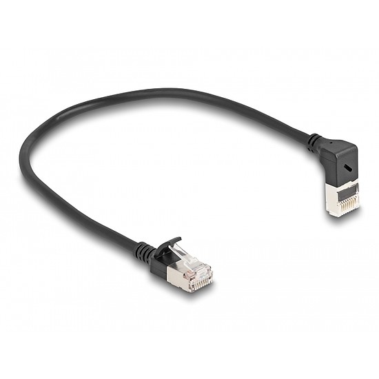 Delock RJ45 hálózati kábel Cat.6A S/FTP vékony 90 fokban felfelé hajló / egyenes 0,25 m fekete