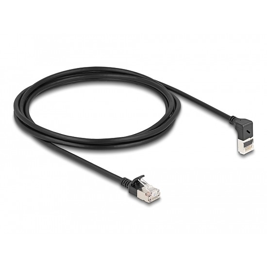 Delock RJ45 hálózati kábel Cat.6A S/FTP vékony 90 fokban felfelé hajló / egyenes 2 m fekete