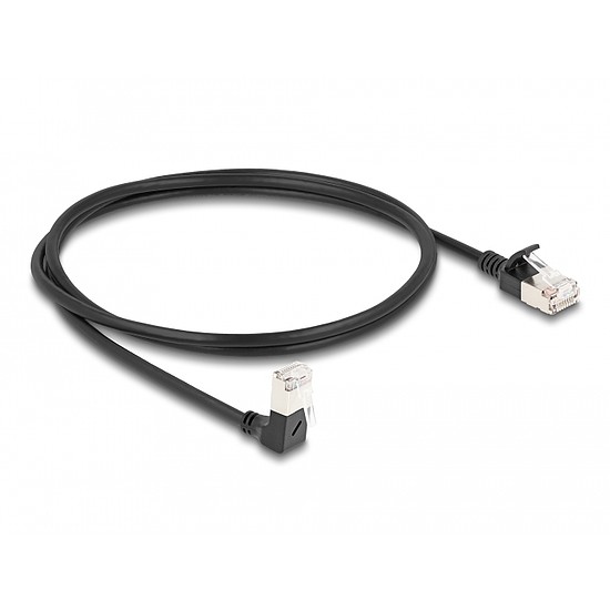 Delock RJ45 hálózati kábel Cat.6A S/FTP vékony 90 fokban lefelé hajló / egyenes 1 m fekete
