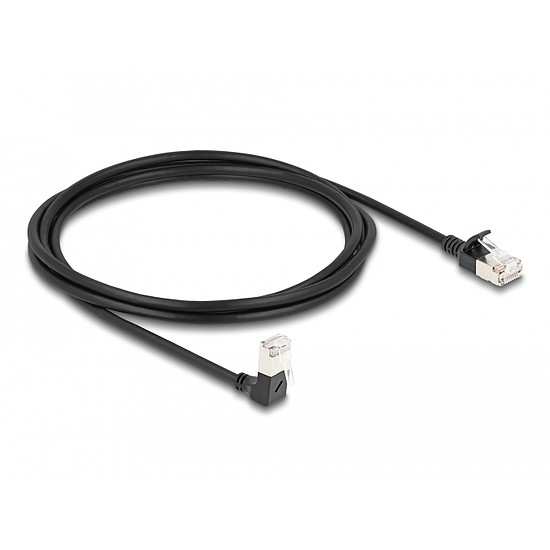Delock RJ45 hálózati kábel Cat.6A S/FTP vékony 90 fokban lefelé hajló / egyenes 2 m fekete