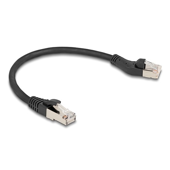 Delock RJ45 hálózati kábel Cat.8.1 S/FTP 45 -ben balra hajlított apa egyenes apa, akár 40 Gbps, 0,25 m, fekete