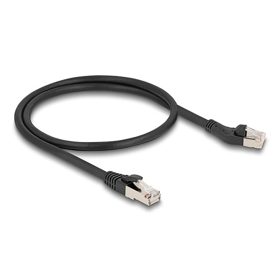 Delock RJ45 hálózati kábel Cat.8.1 S/FTP 45 -ben balra hajlított apa egyenes apa, akár 40 Gbps, 0,5 m, fekete