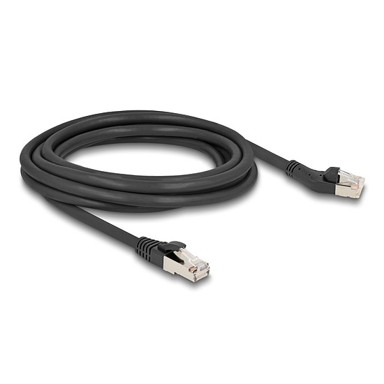 Delock RJ45 hálózati kábel Cat.8.1 S/FTP 45 -ben balra hajlított apa egyenes apa, akár 40 Gbps, 3 m, fekete