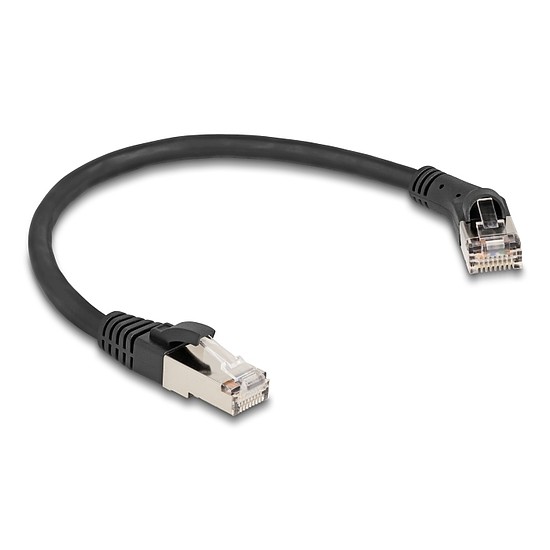Delock RJ45 hálózati kábel Cat.8.1 S/FTP 45 -ben jobbra hajlított apa egyenes apa, akár 40 Gbps, 0,25 m, fekete