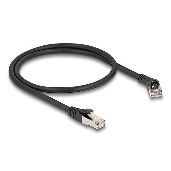 Delock RJ45 hálózati kábel Cat.8.1 S/FTP 45 -ben jobbra hajlított apa egyenes apa, akár 40 Gbps, 0,5 m, fekete