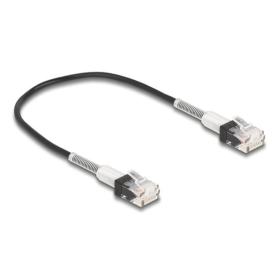 Delock RJ45 hálózati kábel dupla hajlítás védelemmel Cat.6A UTP Slim 0,3 m, fekete