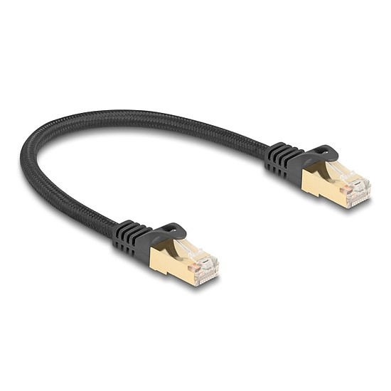Delock RJ45 hálózati kábel fonott borítással Cat.6A S/FTP apa - apa 0,25 m fekete
