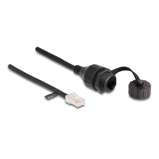 Delock RJ45 kábel apa - RJ45 anya beépített fedélsapkával Cat.5e FTP IP68 por és vízmentességért fekete, 25 cm