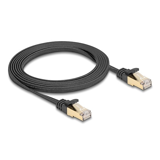 Delock RJ45 lapos hálózati kábel fonott borítással Cat.6A U/FTP apa - apa 2 m fekete