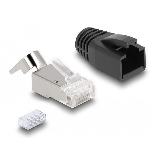 Delock RJ45 Moduláris csatlakozó feszültség mentesítővel Cat.6A, Cat.7 és hajlítás védővel 25 db (66903)