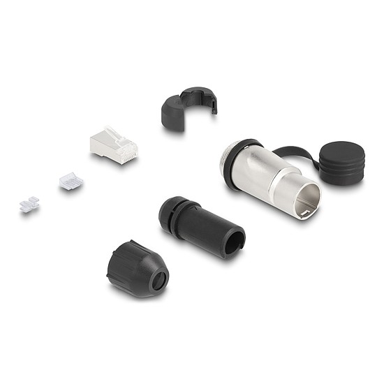 Delock RJ45 moduláris dugasz Cat.6A átvezető csatolóval és védősapkával IP66 por- és vízbiztos