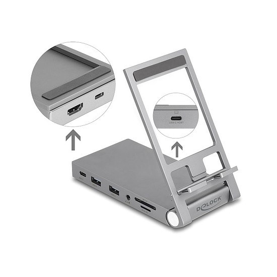 Delock táblagép és notebook dokkoló állomás 4K beépített tartóval - HDMI / USB / Hub / SD / Micro SD / PD 3.0 - összecsukható