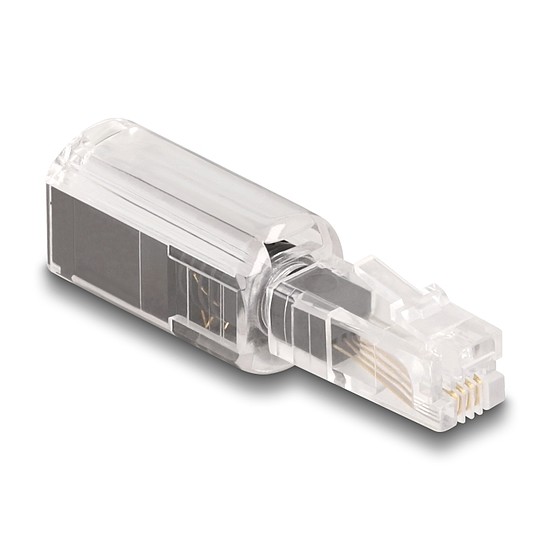 Delock Telefon kábel csavarodás mentes adapterrel RJ10 apa - RJ10 anya áttetsző / fekete