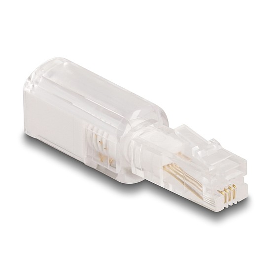 Delock Telefon kábel csavarodás mentes adapterrel RJ10 apa - RJ10 anya áttetsző / fehér