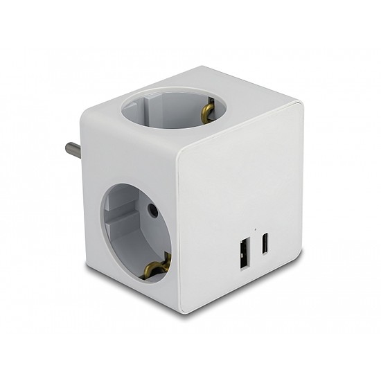 Delock Többszörös csatlakozót tartalmazó kocka, három irányú gyerekzárral és USB PD 3.0 töltővel, 20 W, fehér színben