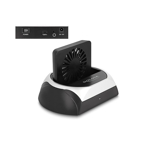Delock USB 10 Gbps dokkoló állomás 2.5 / 3.5 SATA HDD / SSD vagy M.2 NVMe PCIe, illetve SATA SSD ventillátorral