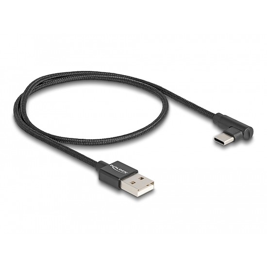 Delock USB 2.0 kábel A-típusú csatlakozódugó - USB Type-C csatlakozódugó, ívelt, 0,5 m, fekete