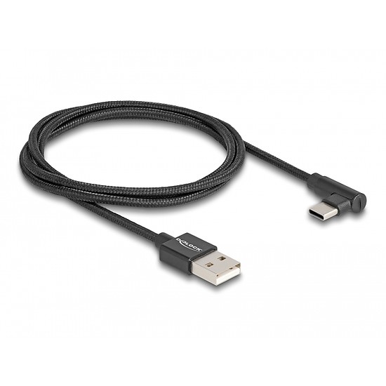 Delock USB 2.0 kábel A-típusú csatlakozódugó - USB Type-C csatlakozódugó, ívelt, 1 m, fekete