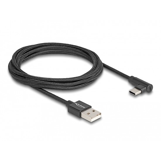 Delock USB 2.0 kábel A-típusú csatlakozódugó - USB Type-C csatlakozódugó, ívelt, 2 m, fekete
