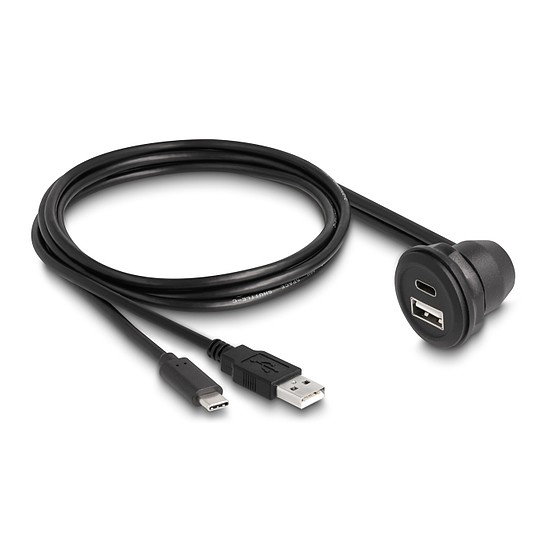 Delock USB 2.0 kábel A-típusú és USB Type-C apa, 90 -ban hajlított A-típusú USB anya és 90 -ban hajlított USB Type-C anya végződéssel 1 m fekete